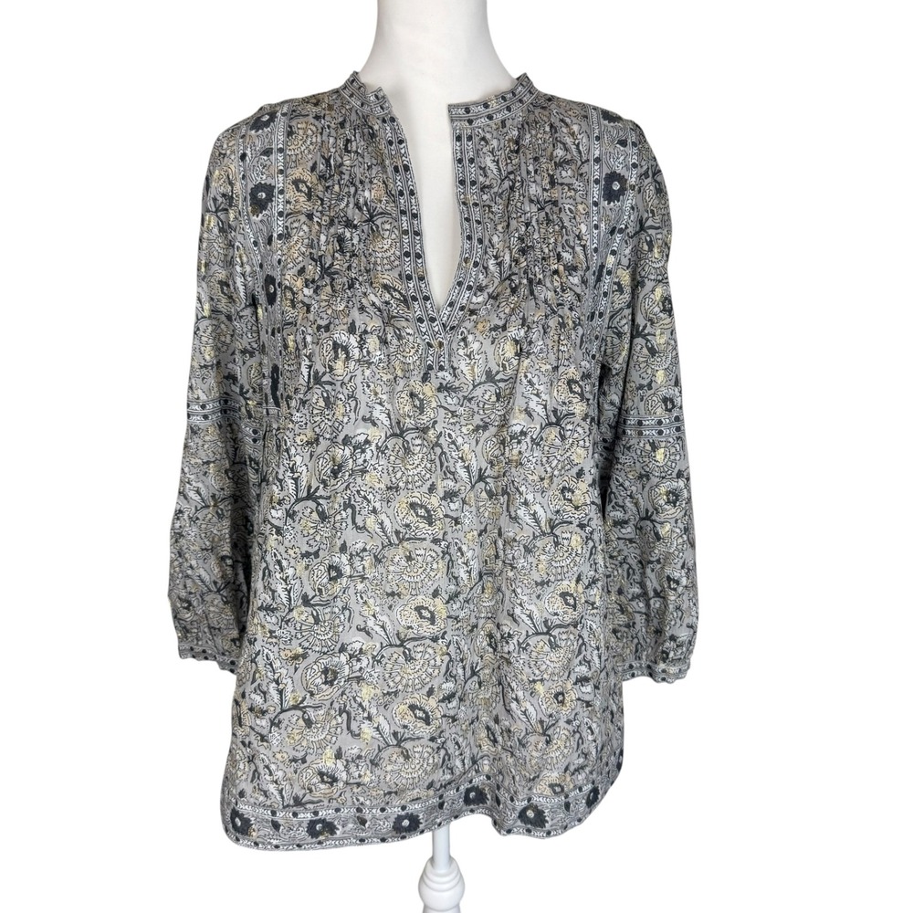 Lola Australia Womens M Grey Gold Floral Block Print Cotton Pintuck Tunic Top